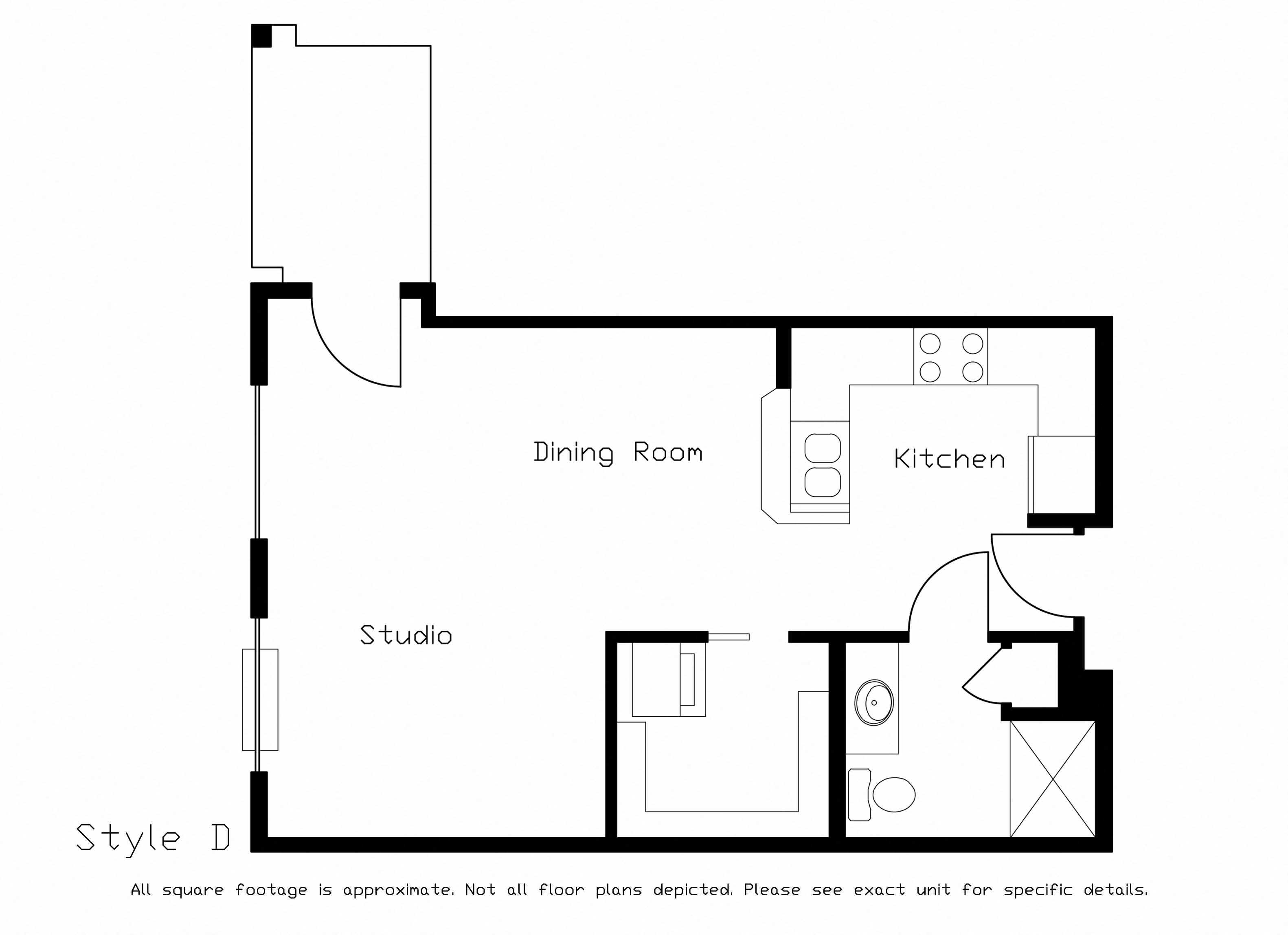 Floor plan for studio, 1 bath, 528 sqft